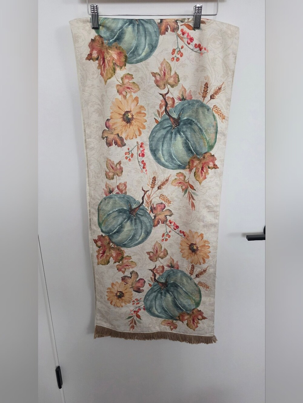 Nicole Miller Teal and Cream Pumpkin Floral Tablw Runner